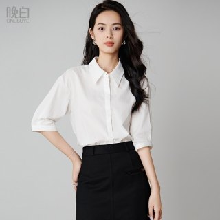 晚白2026年春经典简约全棉衬衣白领气质干练通勤中袖衬衫女