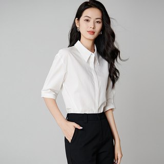 晚白2026年春经典简约全棉衬衣白领气质干练通勤中袖衬衫女