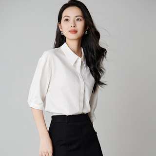 晚白2026年春经典简约全棉衬衣白领气质干练通勤中袖衬衫女