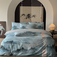 江南生活 新国风仿色织提花印花水洗棉四件套 日照金山-灰 1.5m床单款四件套