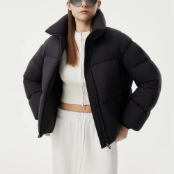 坦博尔 女短款立领加厚保暖95绒羽绒服 黑色 160/84A