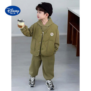 迪士尼（Disney）男童加绒加厚套装2025帅气时髦小男孩儿童秋冬卫衣马甲三件套 绿色 140 cm