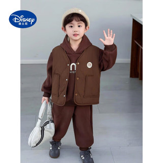 迪士尼（Disney）男童加绒加厚套装2025帅气时髦小男孩儿童秋冬卫衣马甲三件套 绿色 140 cm