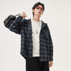 gxgjeans 男装 蓝色格纹复古潮流宽松连帽夹克外套男 25秋新品 格纹 L (175)