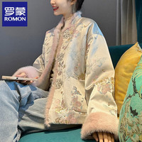  ROMON/罗蒙 国风缎面刺绣 女士棉袄外套 毛毛领