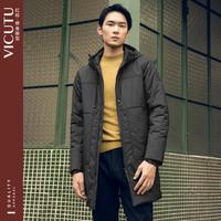 威可多 男士棉服舒暖亲肤时尚连帽中长款黑色修身外套