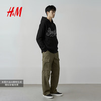 H&M男士2025秋季新款时尚复古字母拉链抓绒帽衫1000040 黑色