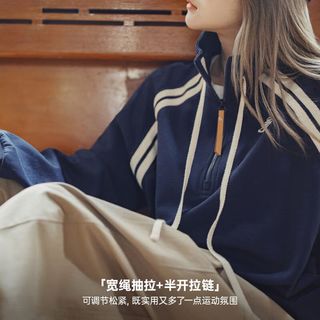 马登 MADEN女装 美式复古学院风半拉链立翻高领套头长袖无帽卫衣女士秋 藏青色 L