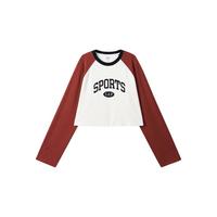 GAP女装印花logo撞色插肩长袖T恤短款宽松上衣637542 白红拼接 160/80A(S) 亚洲尺码