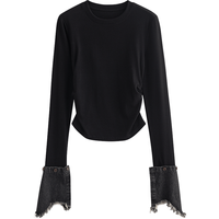 初语拼接牛仔修身T恤女2025秋季5A抗菌自发热保暖长袖上衣 黑色 M