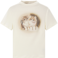 乐町 甜美浪漫半高领猫咪图案印花正肩短袖夏季修身T恤