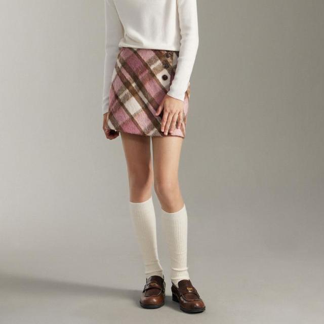限尺码：ELLE kids 粉格纹A字高腰半身裙公主女童春秋季休闲裙子