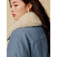 茵曼（INMAN）2025冬季女装新款水洗仿牛仔夹克羽绒服短款羊羔毛翻领外套 灰蓝色