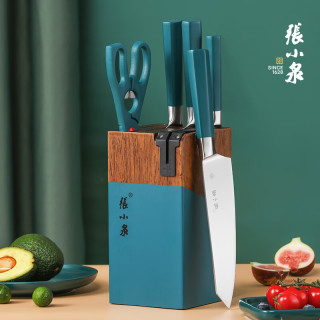张小泉淳木套装不锈钢中式菜刀切片刀家用套刀剪刀厨房用具 【自带磨刀器】典雅刀具六件套