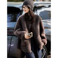 苏醒的乐园 女士皮衣 冬季时尚宽松百搭圆领慵懒风休闲拼接仿羊羔毛皮草外套