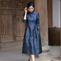 崔万志 中式立领印花秋装 七分袖改良收腰气质旗袍连衣裙