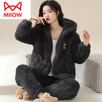 猫人(MiiOW)夹棉睡衣女冬季珊瑚绒三层棉袄女士连帽外套装黑色加绒2025家居服 YM2009女 L码(适合体重98-120斤)