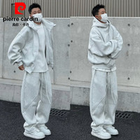 皮尔卡丹（pierre cardin）春秋慵懒风简约休闲运动套装男士潮流百搭连帽外套阔腿男裤两件套 灰色【套装】 M 【100-130斤】