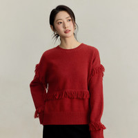 茵曼时尚流苏复古红套头毛衣女2025秋冬款新年红装慵懒风休闲针织上衣 妆红色
