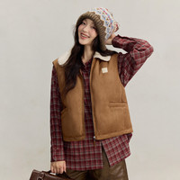 茵曼（INMAN）复古仿鹿皮鸭绒羽绒马甲女2025冬季时尚翻领外搭无袖外套