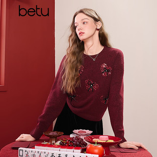 百图（betu）女装2026年春季新年战袍毛针织衫亮片蝴蝶结装饰显瘦上衣2601T03 红色
