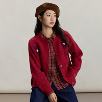 茵曼复古立体花朵毛衣外套女2025秋冬款新年红装慵懒宽松保暖针织衫 酒红色 XL