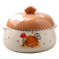 舍里卡通陶瓷炖盅家用婴儿蒸蛋碗隔水炖带盖炖罐小汤盅炖燕窝小碗 追剧猫-粉色 350ml 可蒸可烤可微波