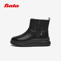 Bata王子奇同款雪地靴女2025冬商场牛皮羊毛保暖厚底短靴AD149DD5 黑色 36