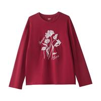 茵曼新年红装安可拉红纯棉T恤女2025春秋新款精致绣花时尚宽松上衣 安哥拉红