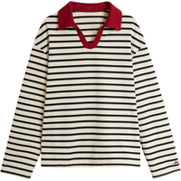 茵曼（INMAN）polo领条纹休闲百搭T恤2026春季女装新款宽松慵懒长袖上衣 杏黑条纹