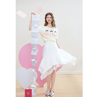 百图betu女装2025春夏毛针织衫圆领晕染提花短袖针织衫女2502T07 米白 L