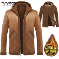 啄木鸟冬季皮毛一体男装羊羔绒加大双面穿颗粒绒连帽皮衣夹克外套