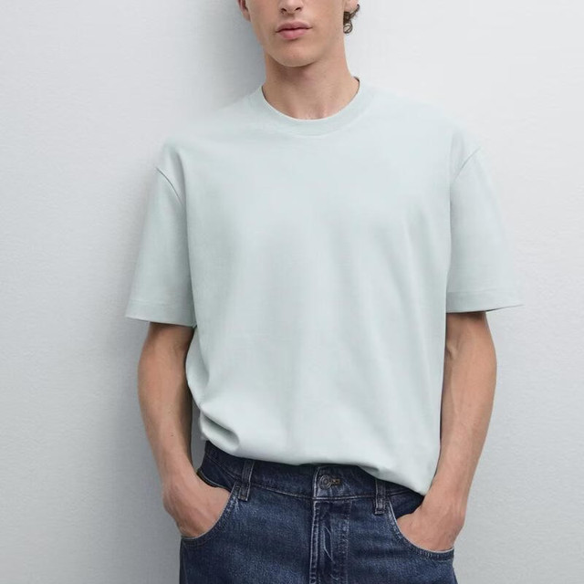 Massimo Dutti 折扣升级2026男装休闲通勤风纯棉中磅圆领短袖T恤01418212 浅绿松石色 XL (185/104A)
