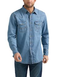 Wrangler 男士牛仔衬衫 长袖按扣设计 常规版型 分层穿搭 轻洗牛仔布 Medium