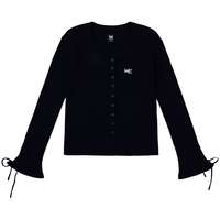 李 Lee25秋冬新修身版圆领绑带微喇袖口设计女罗纹针织长袖毛衣开衫 黑色 XL