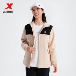特步 保暖风衣女连帽撞色休闲百搭潮流运动服女开春外套