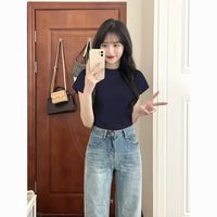 100%纯棉圆领正肩短袖纯色修身显瘦紧身t恤女修身显瘦上衣