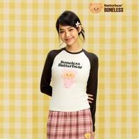BONELESS 黄油小熊联名印花插肩修身女式长袖T恤圆领打底衫