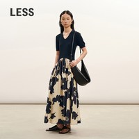 LESS2026春V领修身印花拼接短袖连衣裙2Q1G15260