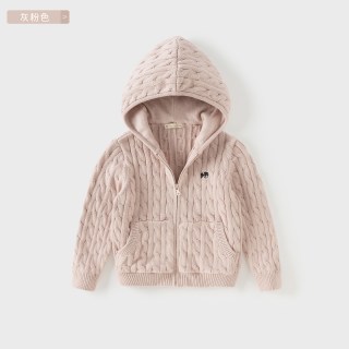 戴维贝拉儿童毛衣针织衫冬装宝宝加厚红色新年外套男女童纯棉开衫 灰粉色