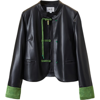 她池新中式外套2024秋季女装国风立领盘扣撞色拼接PU皮上衣
