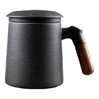 平仄陶瓷木柄茶水分离杯带杯盖马克杯泡茶杯高颜值男士水杯 黑色木柄茶杯