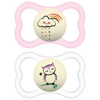 MAM 婴儿安抚奶嘴 16个月以上 敏感肌适用 夜光正畸硅胶 女宝宝2个装