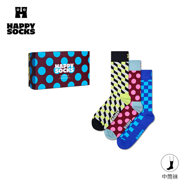 年货大集：Happy Socks 【新年好礼】经典多彩几何图案中筒袜堆堆袜礼盒 3双装