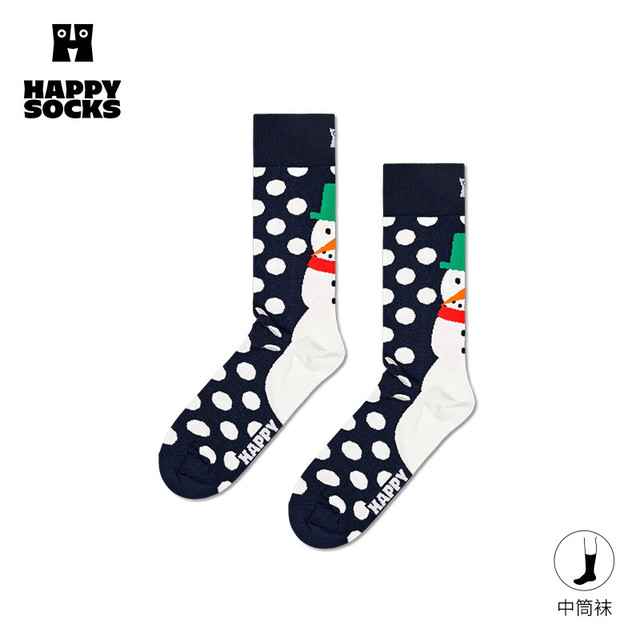 值选：Happy Socks 【趣味印花】多巴胺圣诞雪人袜中筒袜 男士 雪人点点