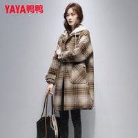 鸭鸭品牌羽绒服女中长款2025冬季可拆卸帽潮流毛呢子大衣外套