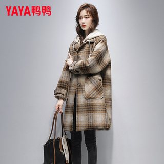 鸭鸭品牌羽绒服女中长款2025冬季可拆卸帽潮流毛呢子大衣外套 M