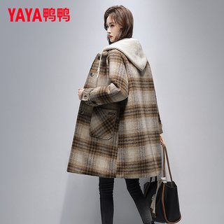 鸭鸭品牌羽绒服女中长款2025冬季可拆卸帽潮流毛呢子大衣外套 M