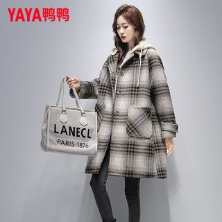 鸭鸭品牌羽绒服女中长款2025冬季可拆卸帽潮流毛呢子大衣外套 M