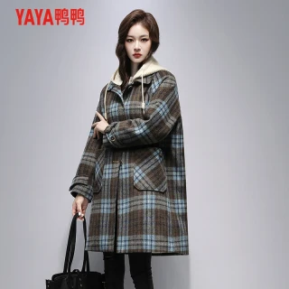 鸭鸭品牌羽绒服女中长款2025冬季可拆卸帽潮流毛呢子大衣外套 M